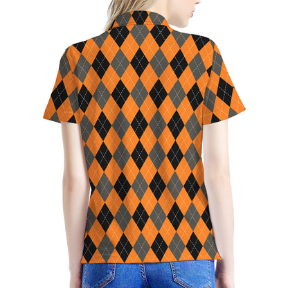 Orange Black And Grey Argyle Print Women's Polo Shirt
