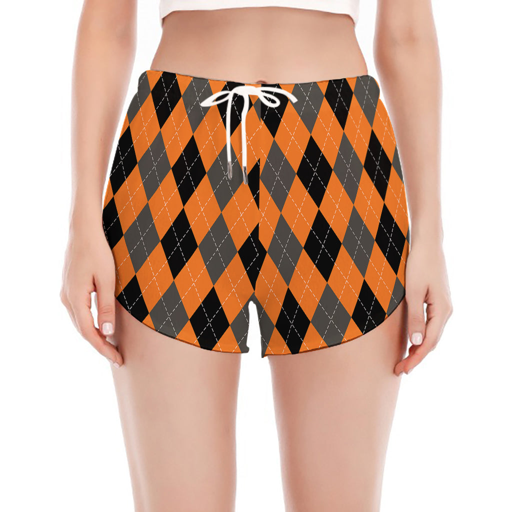 Orange Black And Grey Argyle Print Women's Split Running Shorts