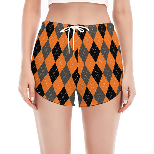 Orange Black And Grey Argyle Print Women's Split Running Shorts