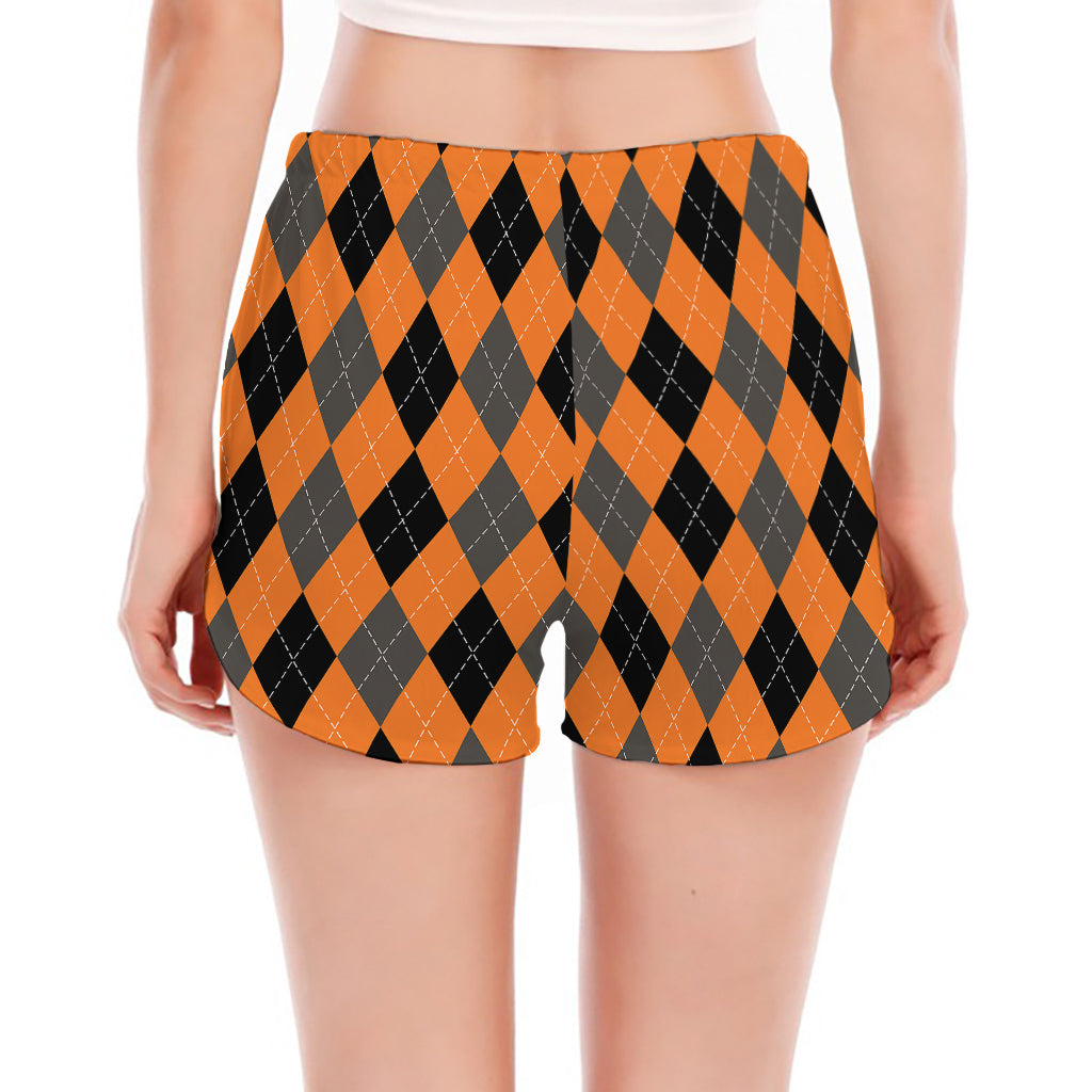 Orange Black And Grey Argyle Print Women's Split Running Shorts