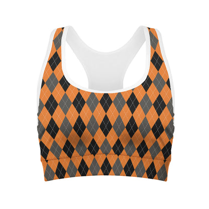 Orange Black And Grey Argyle Print Women's Sports Bra