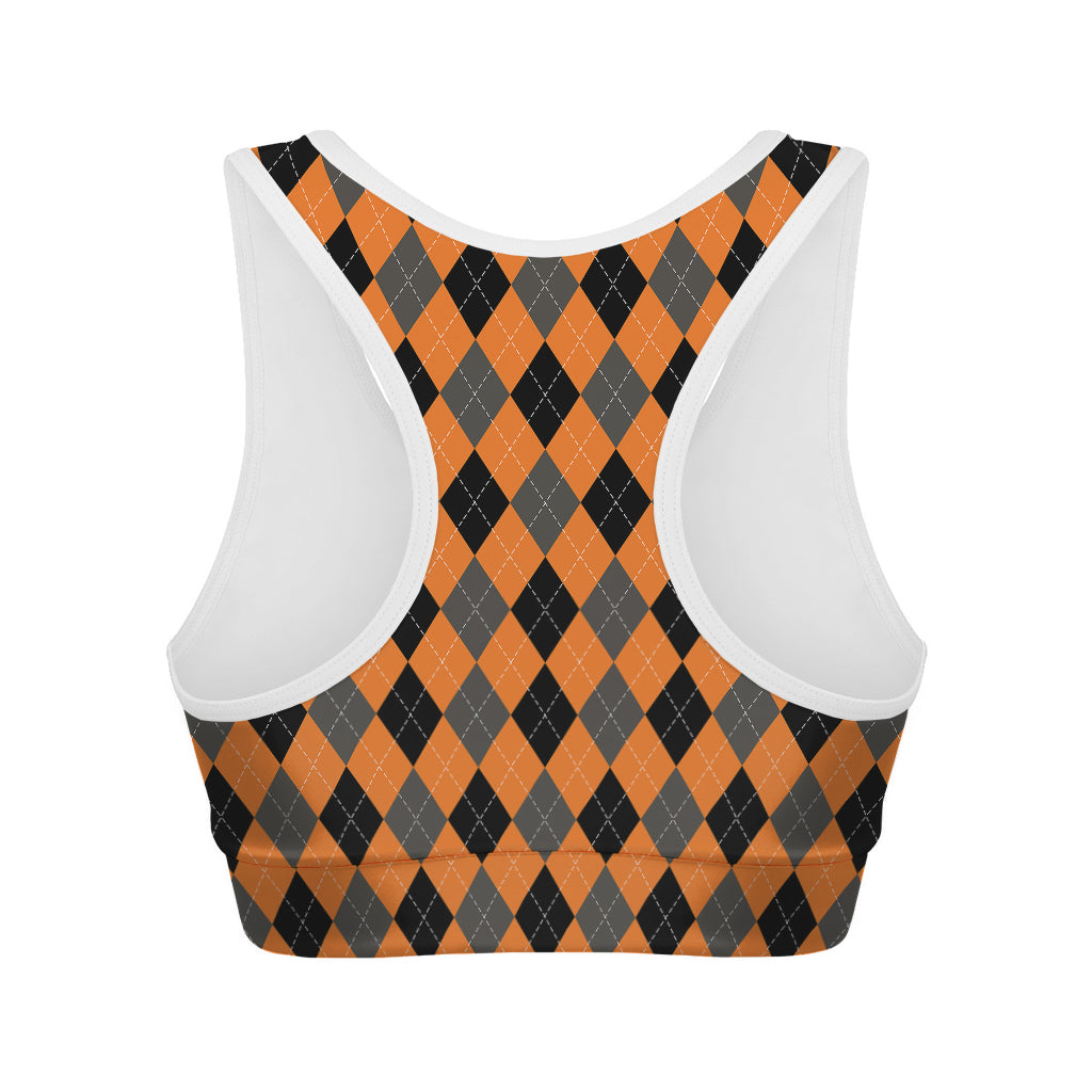 Orange Black And Grey Argyle Print Women's Sports Bra