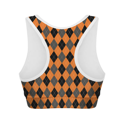 Orange Black And Grey Argyle Print Women's Sports Bra