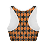 Orange Black And Grey Argyle Print Women's Sports Bra