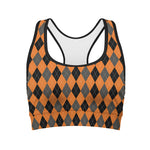 Orange Black And Grey Argyle Print Women's Sports Bra