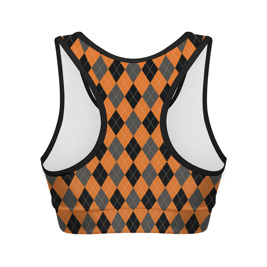 Orange Black And Grey Argyle Print Women's Sports Bra