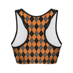 Orange Black And Grey Argyle Print Women's Sports Bra