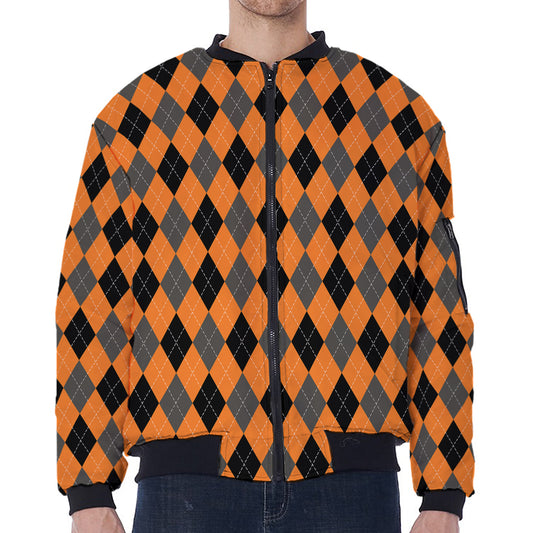 Orange Black And Grey Argyle Print Zip Sleeve Bomber Jacket
