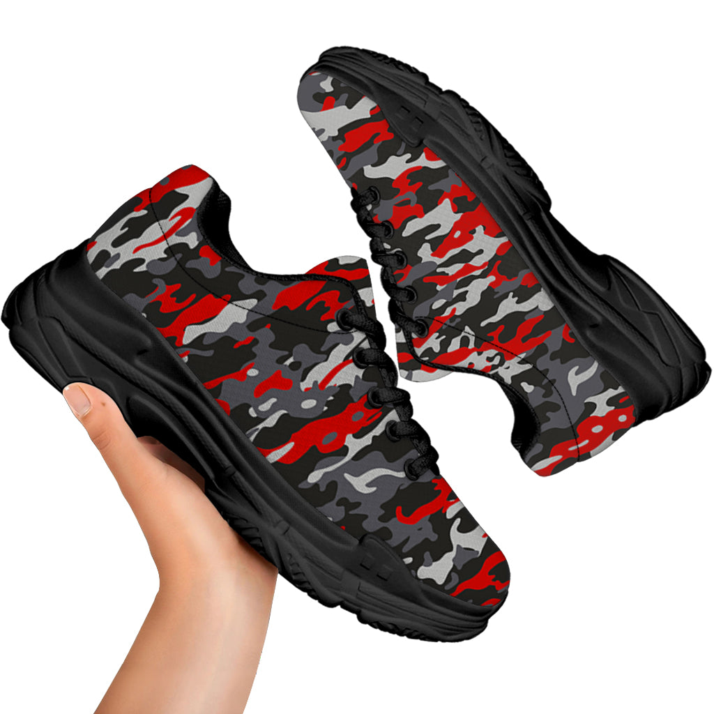 Orange Black And Grey Camouflage Print Black Chunky Shoes