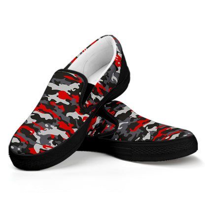 Orange Black And Grey Camouflage Print Black Slip On Sneakers