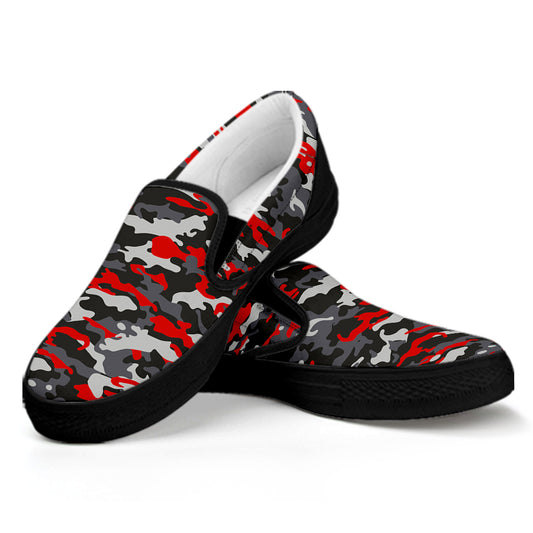 Orange Black And Grey Camouflage Print Black Slip On Sneakers