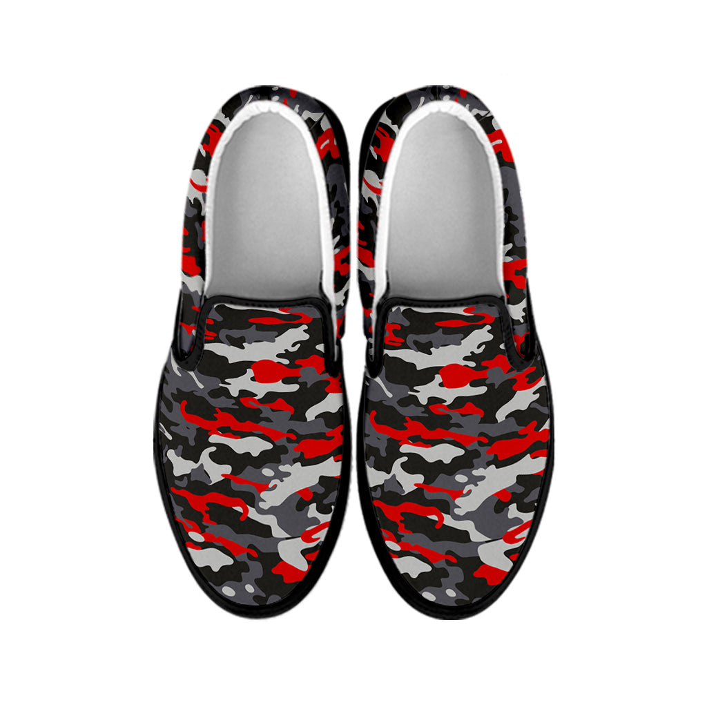 Orange Black And Grey Camouflage Print Black Slip On Sneakers