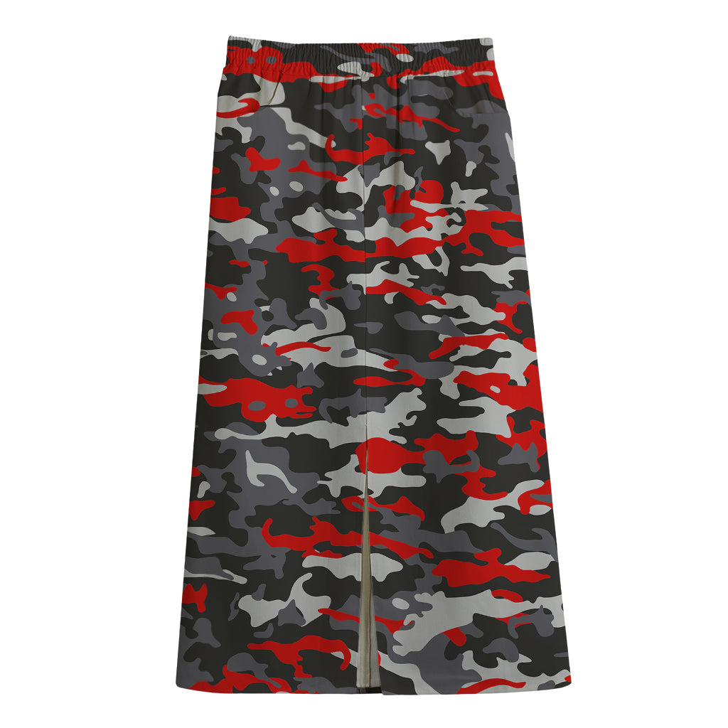 Orange Black And Grey Camouflage Print Cotton Front Slit Maxi Skirt