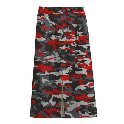 Orange Black And Grey Camouflage Print Cotton Front Slit Maxi Skirt