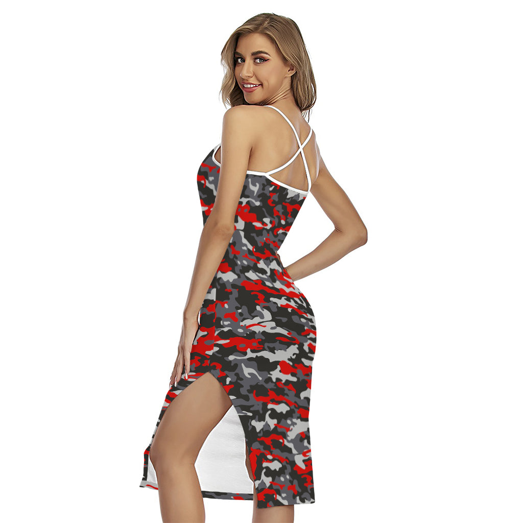 Orange Black And Grey Camouflage Print Cross Back Cami Dress