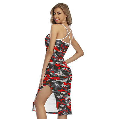Orange Black And Grey Camouflage Print Cross Back Cami Dress