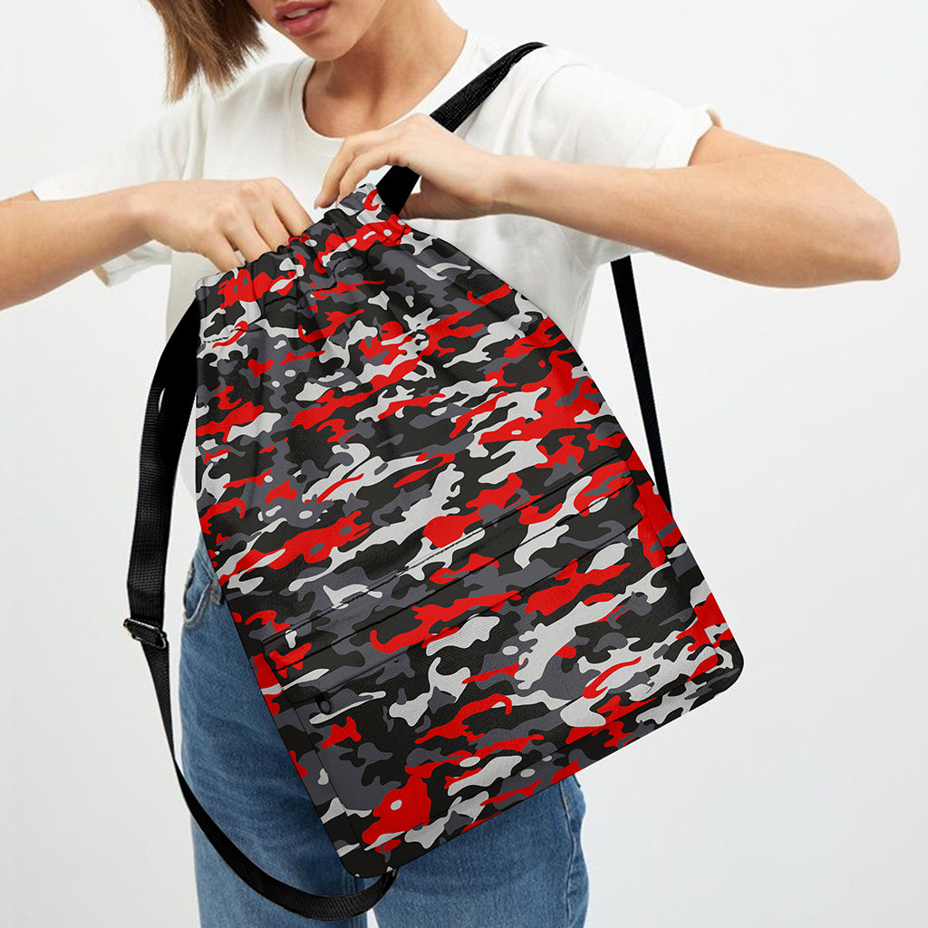 Orange Black And Grey Camouflage Print Drawstring Backpack