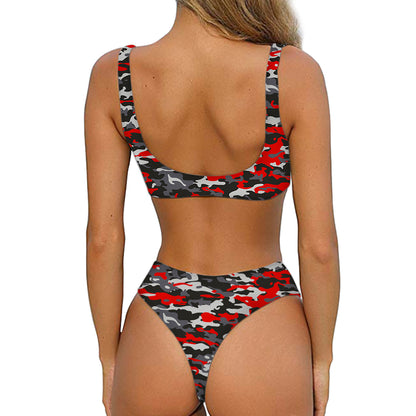 Orange Black And Grey Camouflage Print Front Bow Tie Bikini