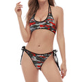 Orange Black And Grey Camouflage Print Halter Scoop Tie Side Bikini