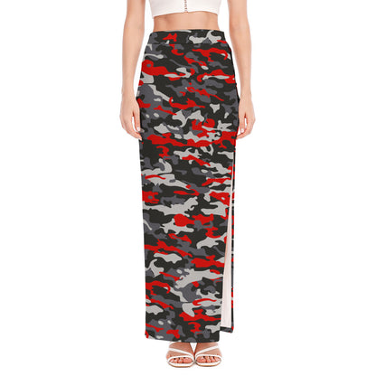 Orange Black And Grey Camouflage Print High Slit Maxi Skirt