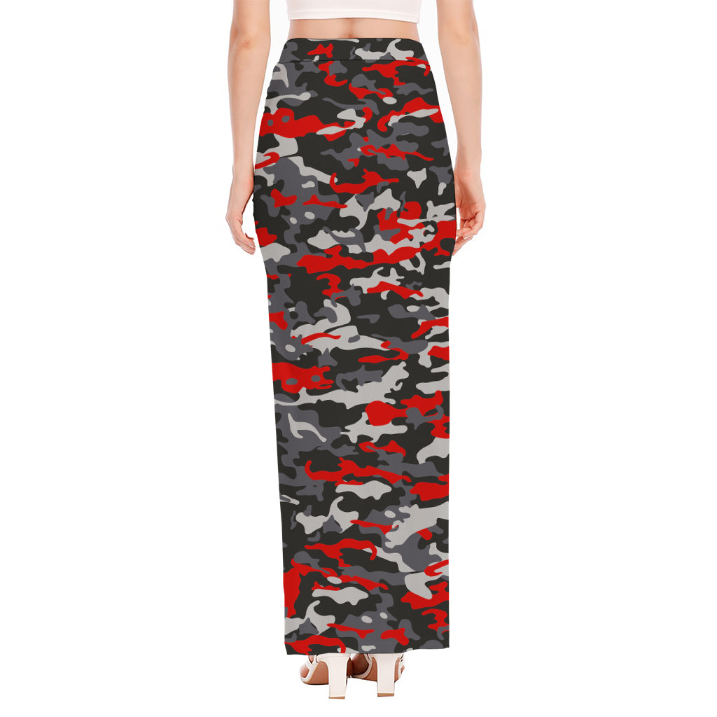 Orange Black And Grey Camouflage Print High Slit Maxi Skirt