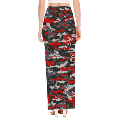 Orange Black And Grey Camouflage Print High Slit Maxi Skirt