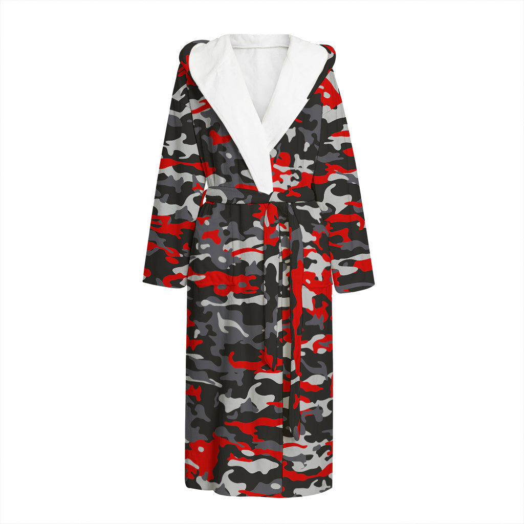 Orange Black And Grey Camouflage Print Hooded Bathrobe
