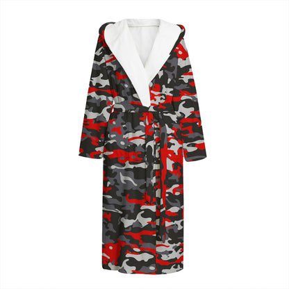 Orange Black And Grey Camouflage Print Hooded Bathrobe