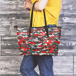 Orange Black And Grey Camouflage Print Leather Tote Bag
