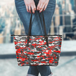 Orange Black And Grey Camouflage Print Leather Tote Bag