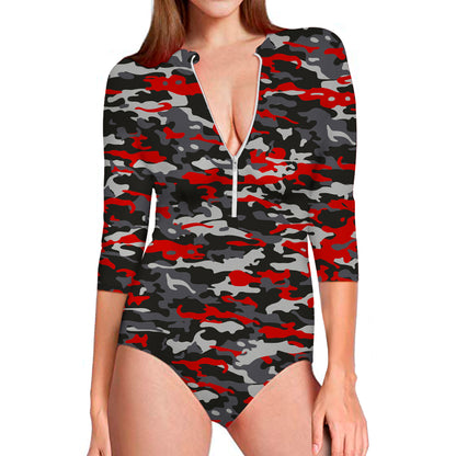 Orange Black And Grey Camouflage Print Long Sleeve Swimsuit