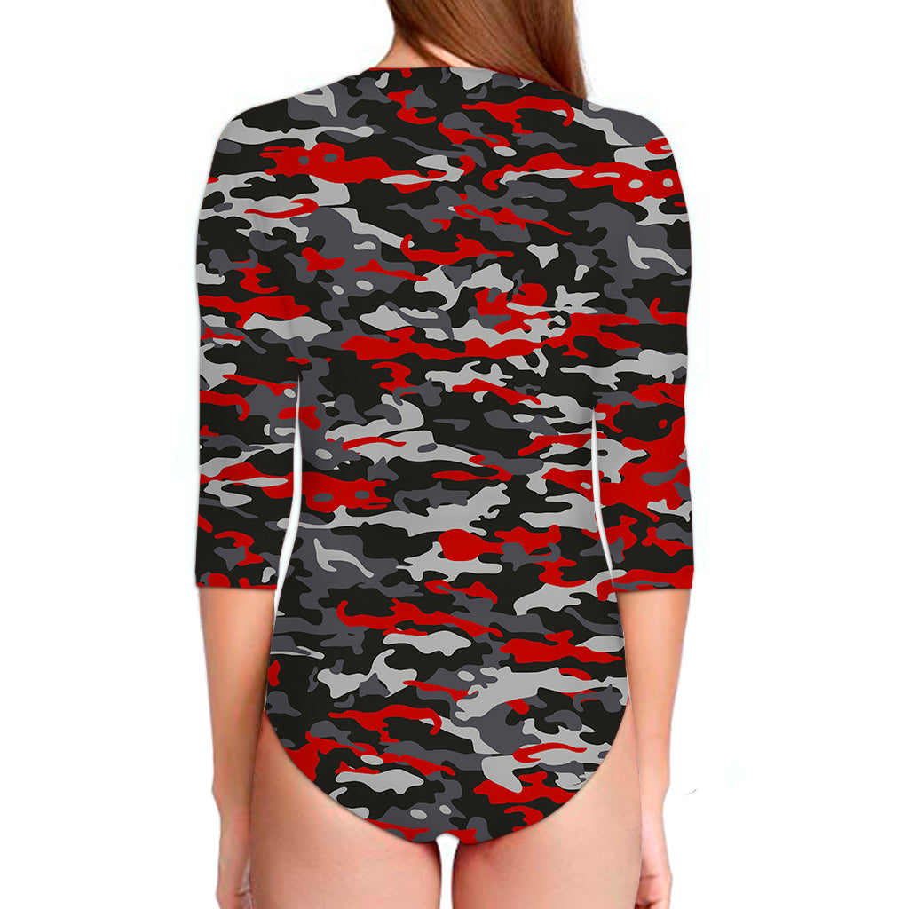 Orange Black And Grey Camouflage Print Long Sleeve Swimsuit