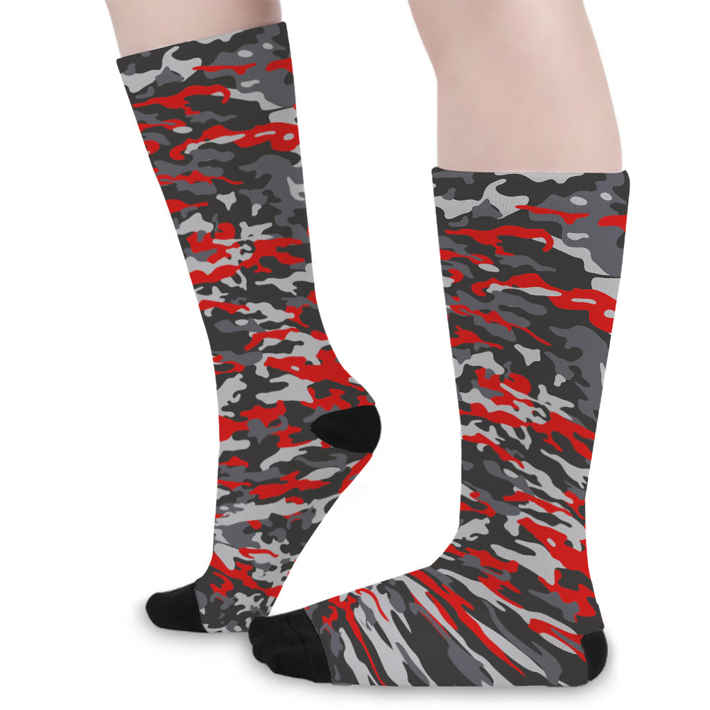 Orange Black And Grey Camouflage Print Long Socks