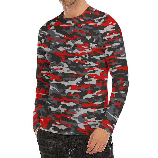 Orange Black And Grey Camouflage Print Men's Long Sleeve Rash Guard