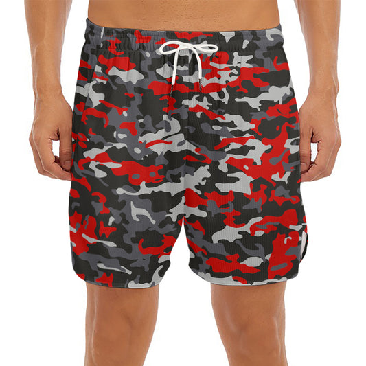 Orange Black And Grey Camouflage Print Men's Split Running Shorts