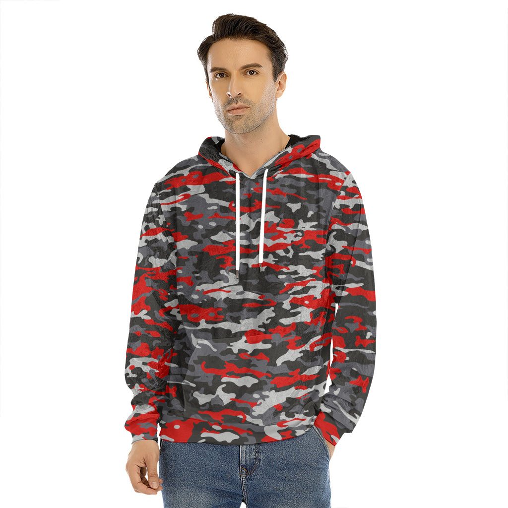 Orange Black And Grey Camouflage Print Men's Velvet Pullover Hoodie