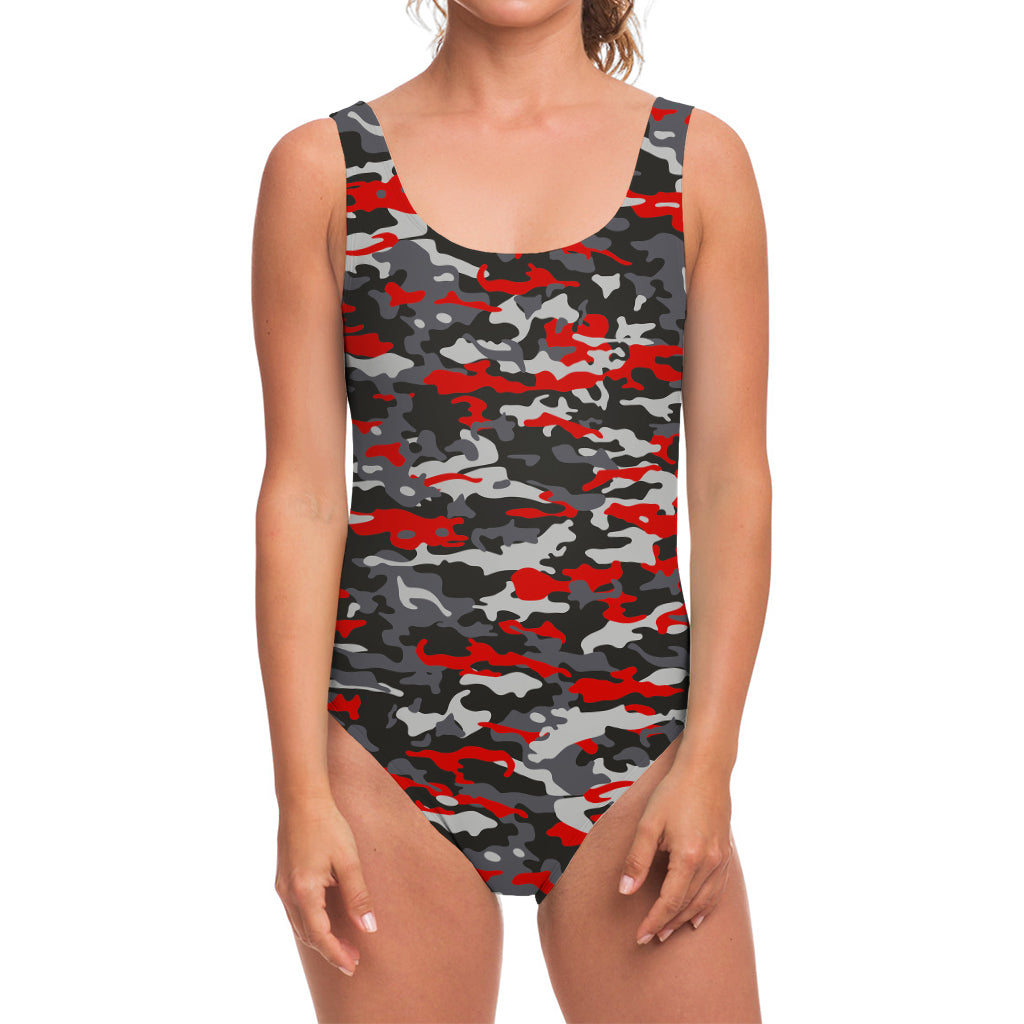 Orange Black And Grey Camouflage Print One Piece Swimsuit