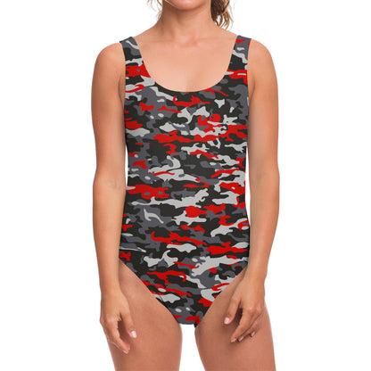 Orange Black And Grey Camouflage Print One Piece Swimsuit