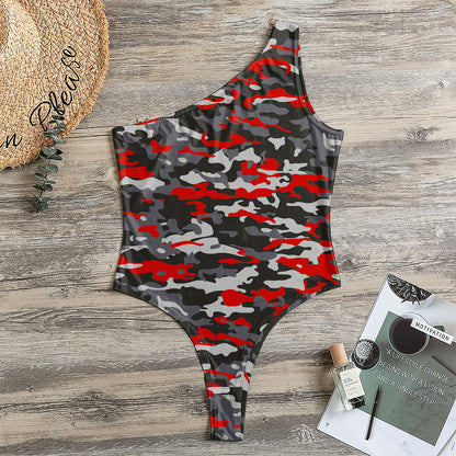 Orange Black And Grey Camouflage Print One Shoulder Bodysuit