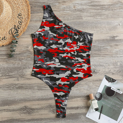 Orange Black And Grey Camouflage Print One Shoulder Bodysuit