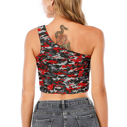 Orange Black And Grey Camouflage Print One Shoulder Crop Top