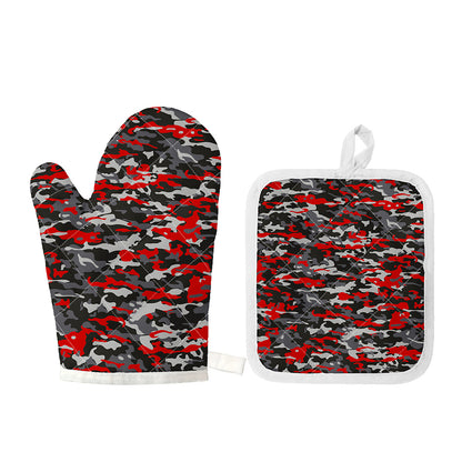 Orange Black And Grey Camouflage Print Oven Mitt And Pot Holder Set