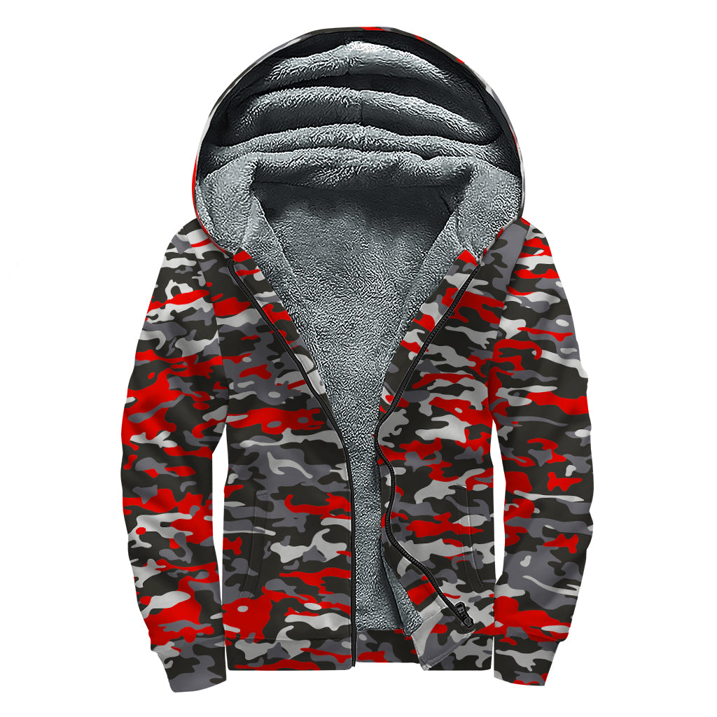 Orange Black And Grey Camouflage Print Sherpa Lined Zip Up Hoodie