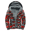 Orange Black And Grey Camouflage Print Sherpa Lined Zip Up Hoodie