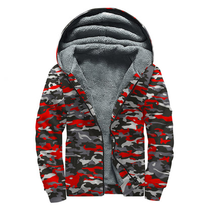 Orange Black And Grey Camouflage Print Sherpa Lined Zip Up Hoodie