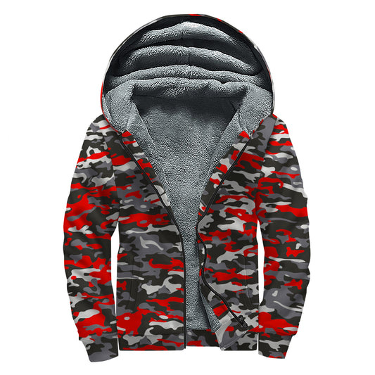 Orange Black And Grey Camouflage Print Sherpa Lined Zip Up Hoodie