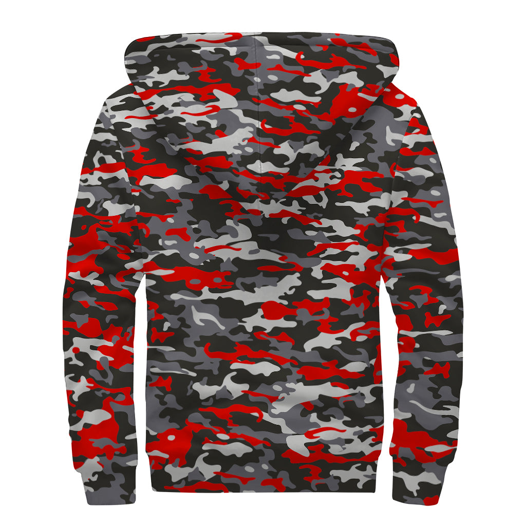 Orange Black And Grey Camouflage Print Sherpa Lined Zip Up Hoodie