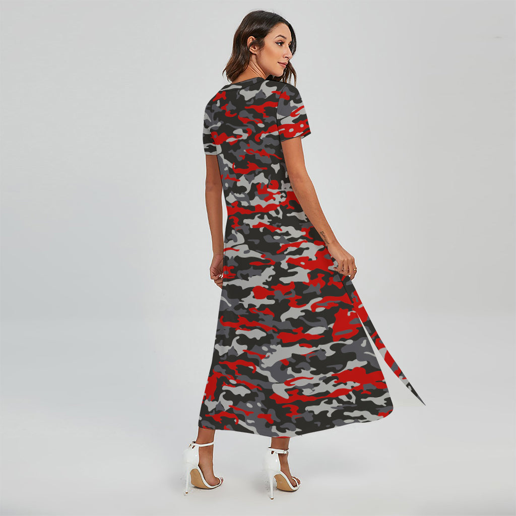 Orange Black And Grey Camouflage Print Short Sleeve Maxi Dress