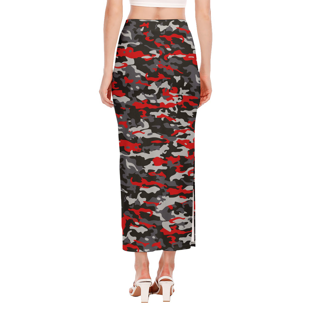 Orange Black And Grey Camouflage Print Side Slit Maxi Skirt