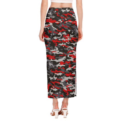 Orange Black And Grey Camouflage Print Side Slit Maxi Skirt
